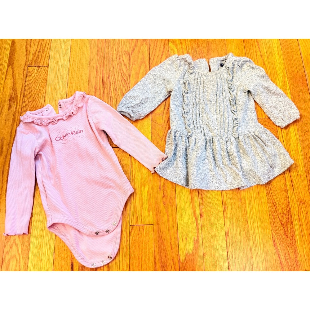 Calvin Klein Pink Bodysuit 12M and babyGap Grey Ruffle Tunic 6-12M Set